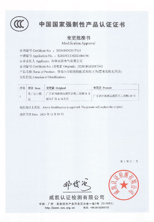 国家强制性产品认证证书（变换批准书）